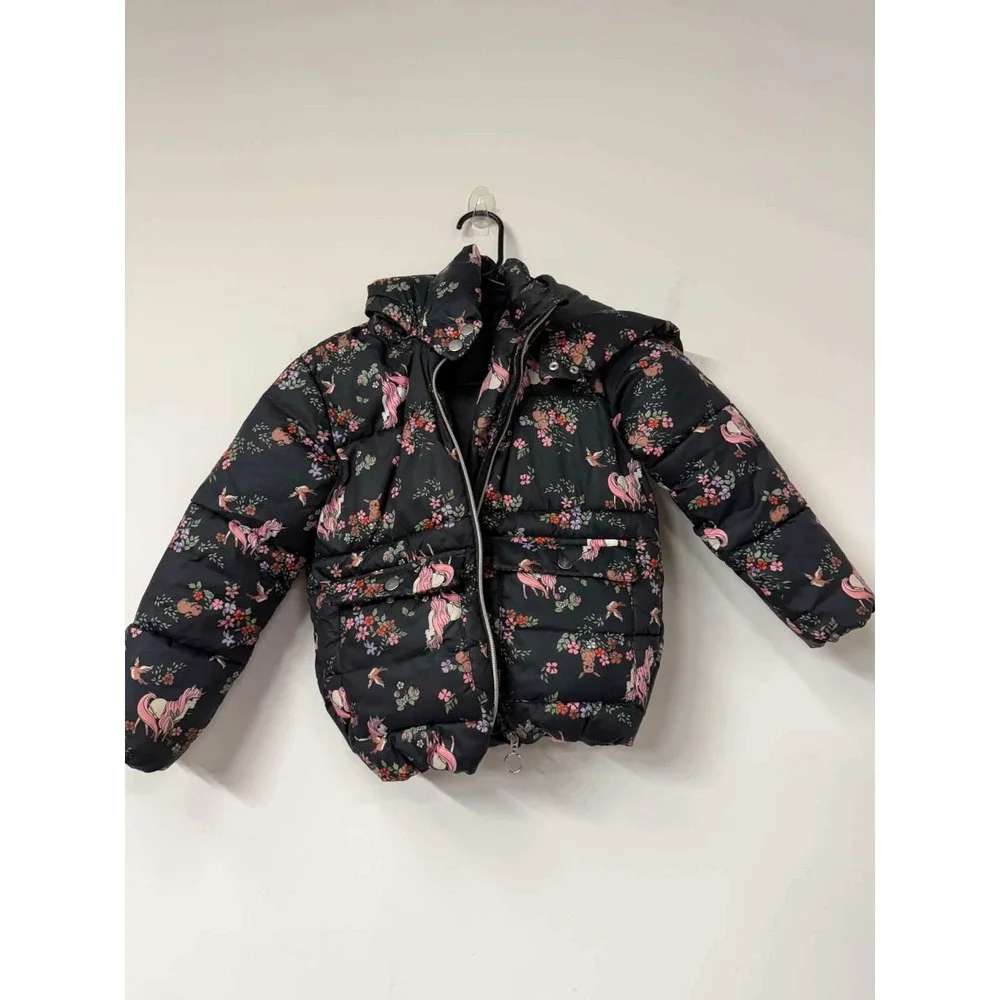 H&M Girls Black Unicorn Floral Puffer Jacket Hooded Winter Coat Size 7-8Y